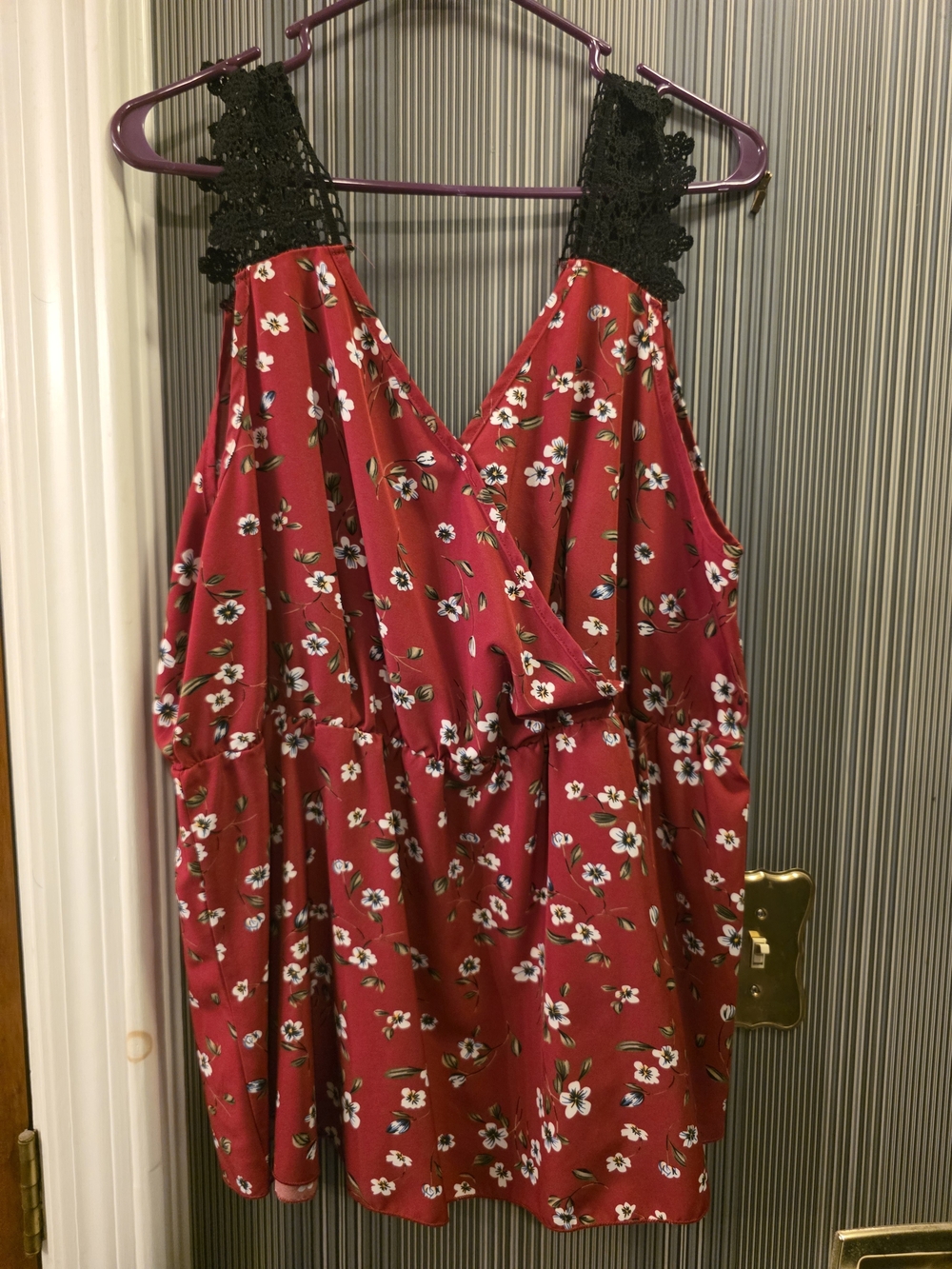 SHEIN Red Floral Tank Top with Black Lace Straps